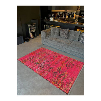 Machine Washable Pink Abstract Traditional Floral Vintage Decorative Rug