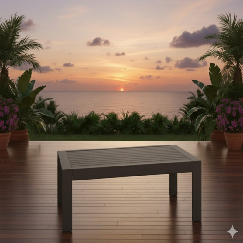 All-Weather Metal Outdoor Coffee Table With Wood-Look Top And Gray Frame, Gray