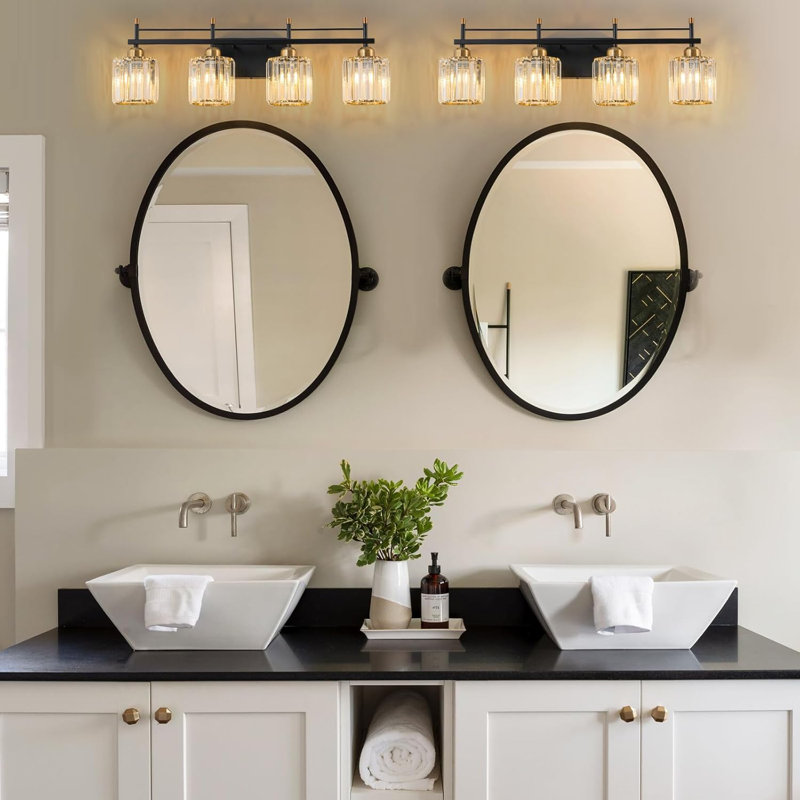Sinerise Modern Crystal Bathroom Vanity Light With 4-Lights, Black Gold Wall Sconce Lighting For Bathroom Mirror, Restroom, And Powder Room