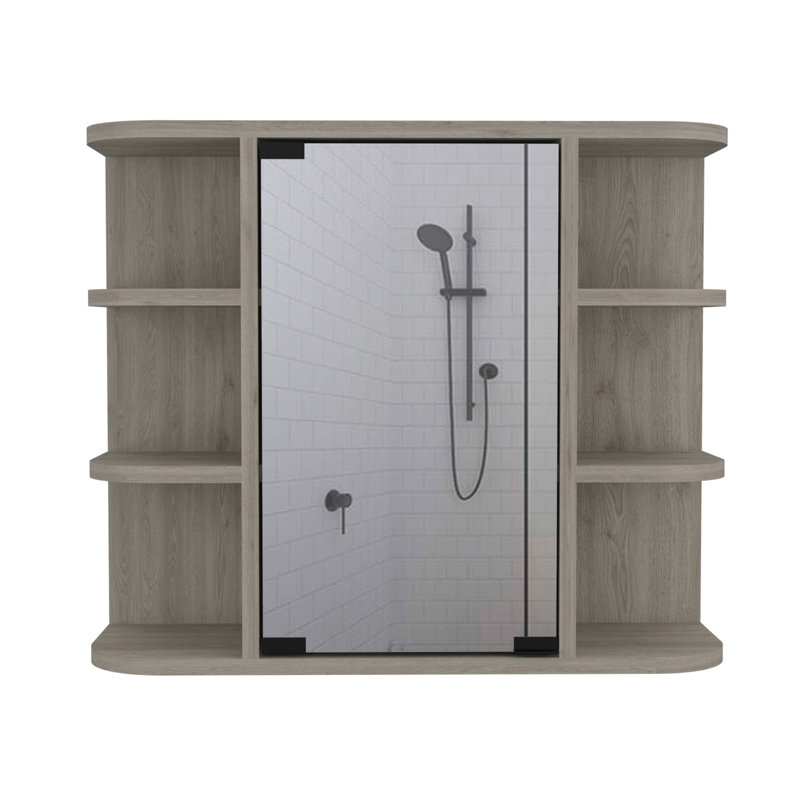 Armoire à pharmacie Milan, miroir à six tablettes extérieures, trois tablettes internes - gris clair