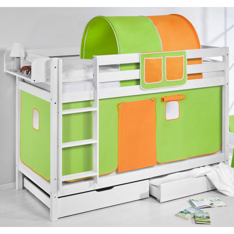 Lilokids Bunk Bed with Curtain, Green/Orange, European Single (90 x 200 cm)