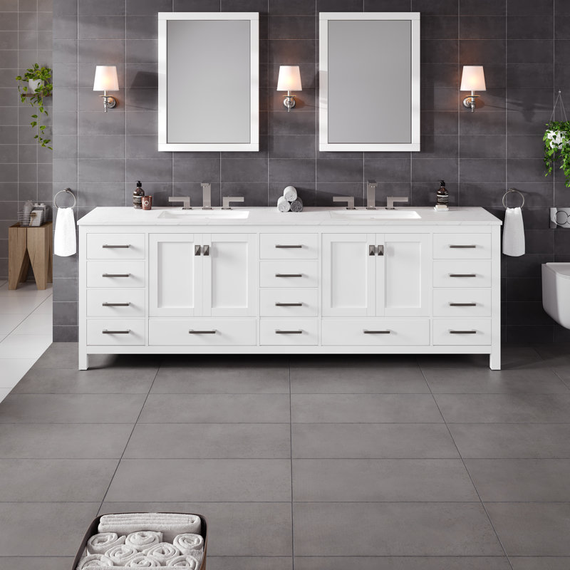 Aberdeen 96 In. White Double Sink  Bath Vanity With Carrara Quartz Top And Undermount Porcelain Sinks
