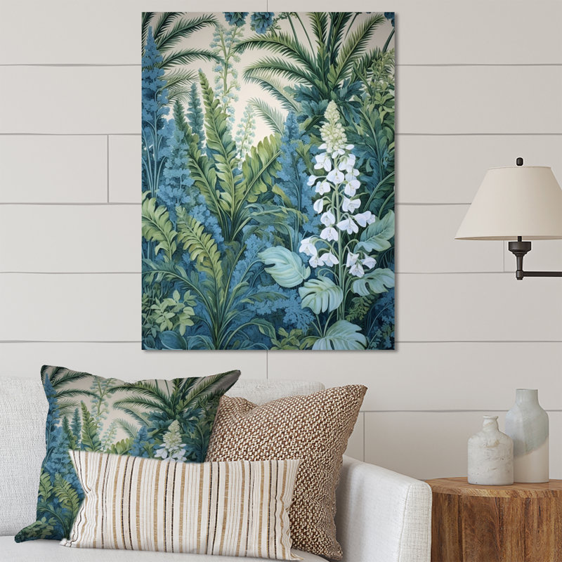 Bleu vert bleu fougère fond II - décoration murale florale en métal, H 20 po x l 12 po x P 1 po