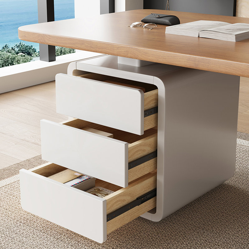 Bureau rectangulaire brun et blanc en bois massif avec 3 tiroirs, H 29,53 po x l 62,99 po x P 31,5 po