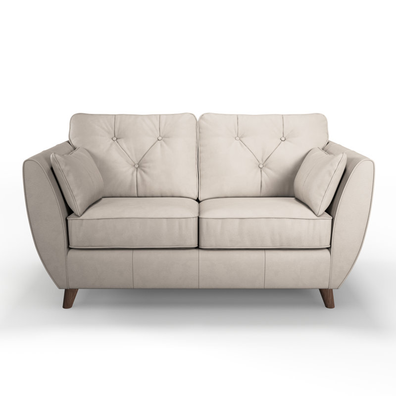 Marylin 2 Seater Leather Tufted Sofa, Cloud Grey, Dark Wood