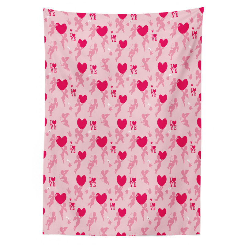 Ambesonne Love Tablecloth, Pattern With Silhouettes Of Angel Heart Bird And Calligraphic Text Love Artwork Print, Rectangular Table Cover For Dining Room Kitchen Decor, 60" X 84", Rose Pink