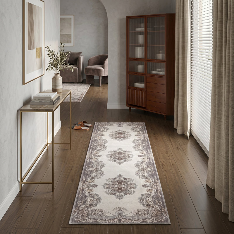 Tapis vintage lavable à la machine Zehorit en beige / crème / brun / jaune pour le salon, le couloir et le tapis d'entrée