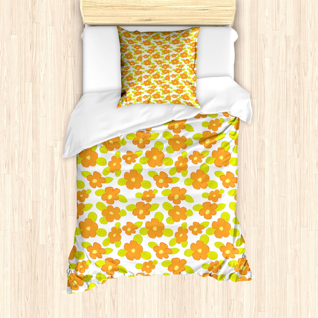 Bettbezug Set, Kind-Mädchen-Doodle Floral, Orange, Apfelgrün Orange