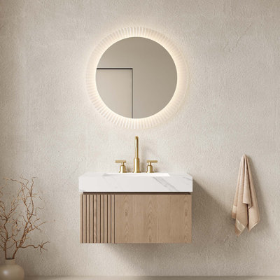 Meuble-lavabo 30 po, meuble de rangement flottant en contreplaqué avec tiroir et porte, comptoir en pierre frittée blanc Carrara et lavabo en céramique avec 3 trous de robinet pré-percés, pré-assemblé