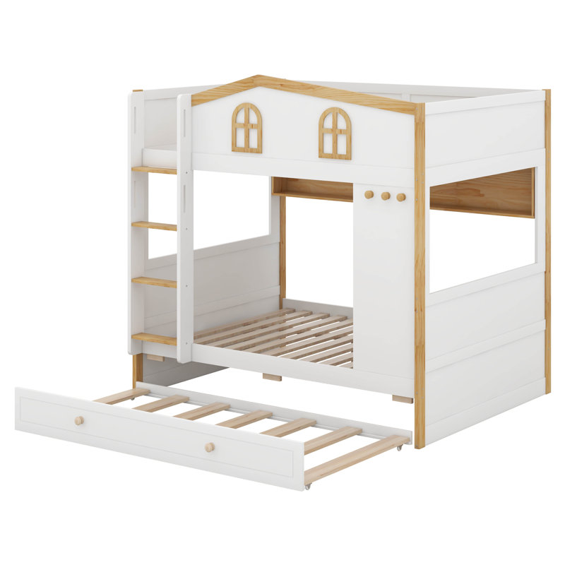 Lit superposé en forme de maison avec tablettes ouvertes intégrées et crochets latéraux, lit superposé en bois avec lit gigogne