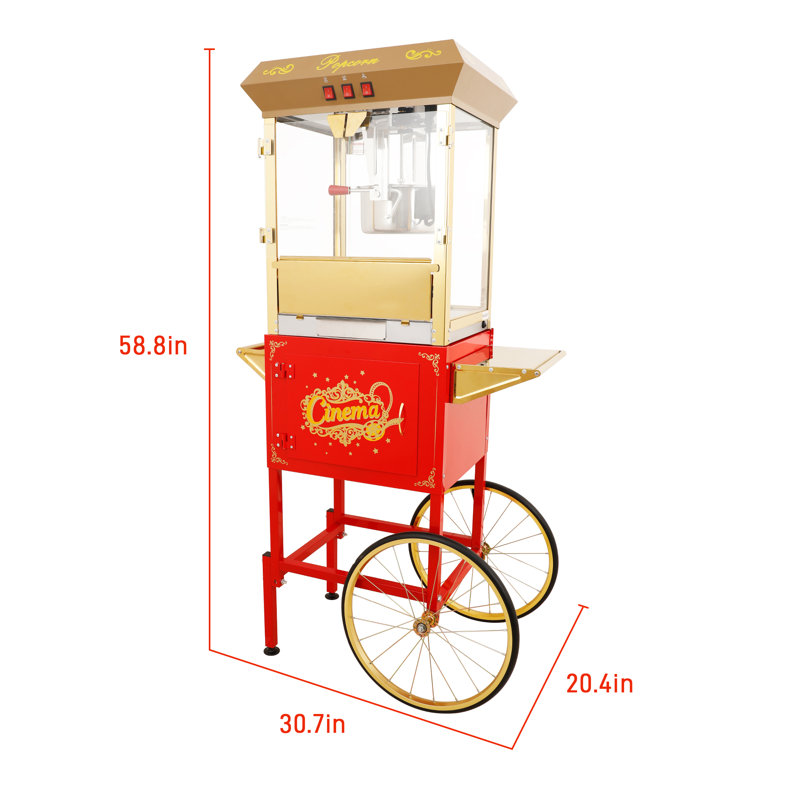 Machine à maïs soufflé de 16 onces avec chariot et portes en verre trempé, Rouge