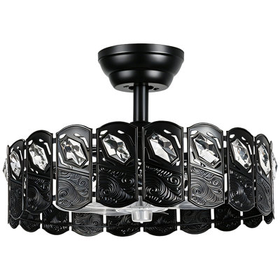 Ventilateur de plafond cage en métal de 18 po à 4 lumières en cristal noir avec lumière, 7 pales ABS, moteur CC réversible, télécommande, hauteur réglable