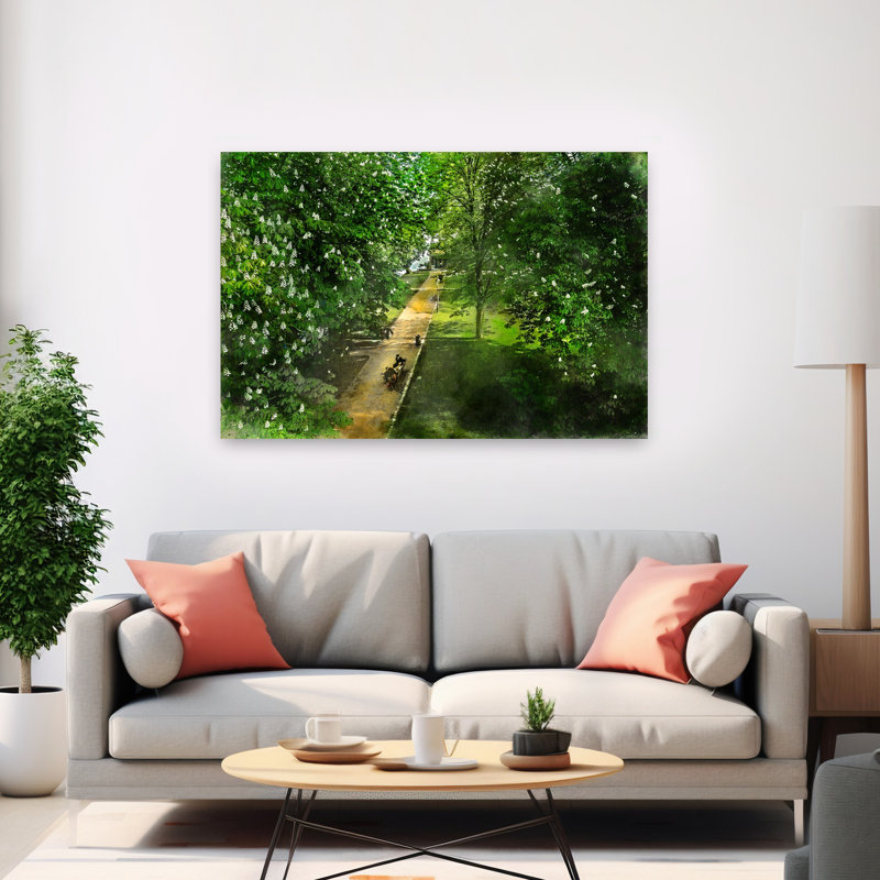 Printemps, parc, chemin paisible, serein, cheval tranquille, forêt, art mural, H 40 po x l 60 po