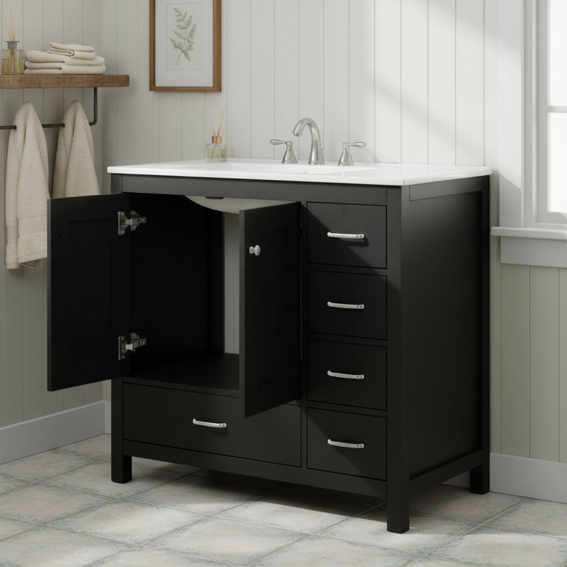 Meuble-lavabo 36 po avec lavabo en céramique, portes et tiroirs à fermeture en douceur, armoire de rangement autoportante en bois