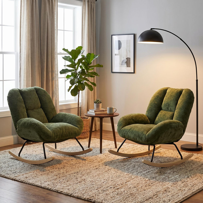 Ensemble de 2 fauteuils à bascule modernes rembourrés avec base en bois d'hévéa pour salon, chambre et chambre d'enfant, vert sauge
