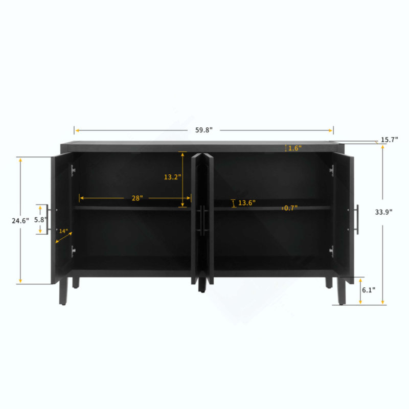 Buffet moderne de style campagnard avec 4 portes et tablette réglable en bois avec buffet et console avec crédence pour la salle à manger, le vestibule et le vestibule