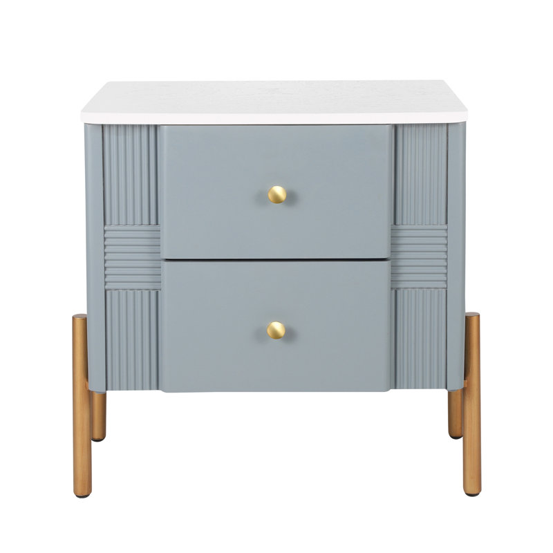 Table de chevet moderne avec 2 tiroirs de rangement, table de chevet cannelée avec poignées et pieds en métal doré, table de bout pour le salon et la chambre à coucher, assemblage facile, bleu