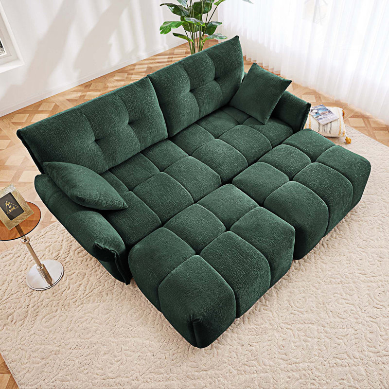 Canapé 2 places avec 2 repose-pieds et coussins décoratifs, Vert