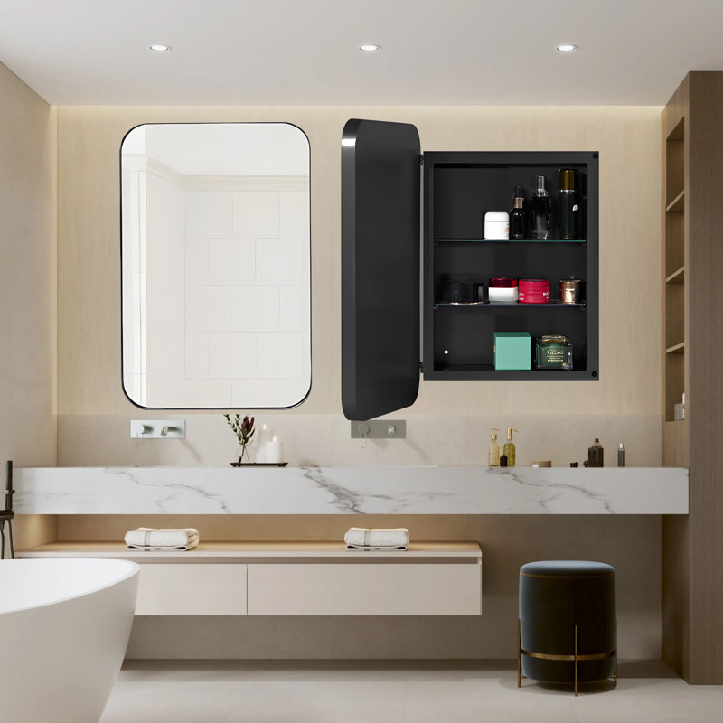 Modern 24" X 16" Metal Surface Mount Medicine Cabinet With Adjustable Glass Shelves, Black