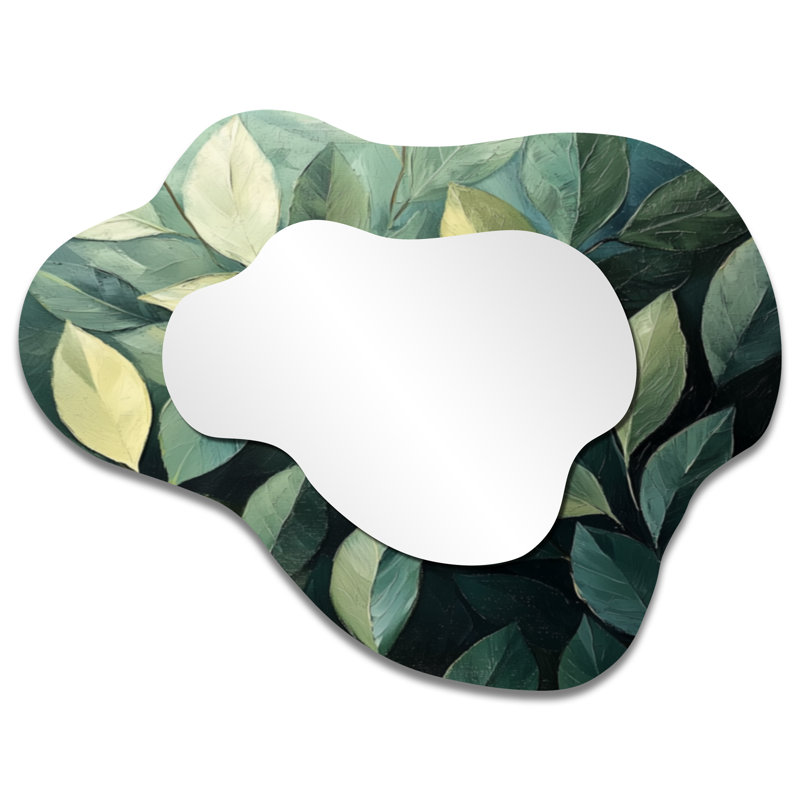 «Olive Green Leaves Foliage Collage I», miroir mural asymétrique traditionnel, imprimé sur métal, 27 po x 35 po
