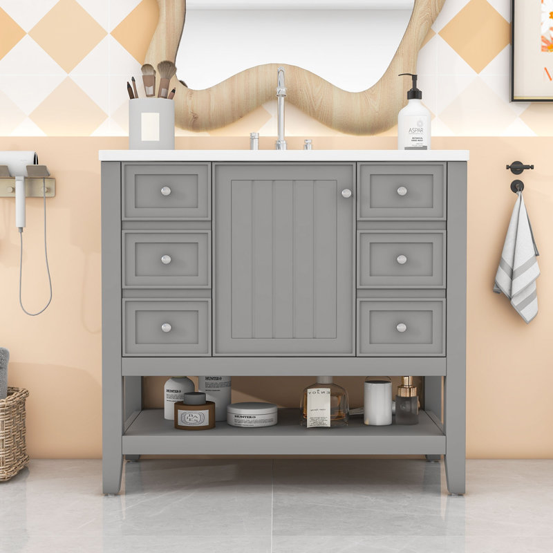Meuble-lavabo avec une armoire et trois tiroirs, Gris