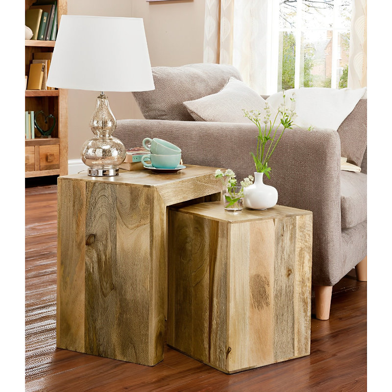 Munnar Solid Wood Trestle Nesting Tables, Light Mango