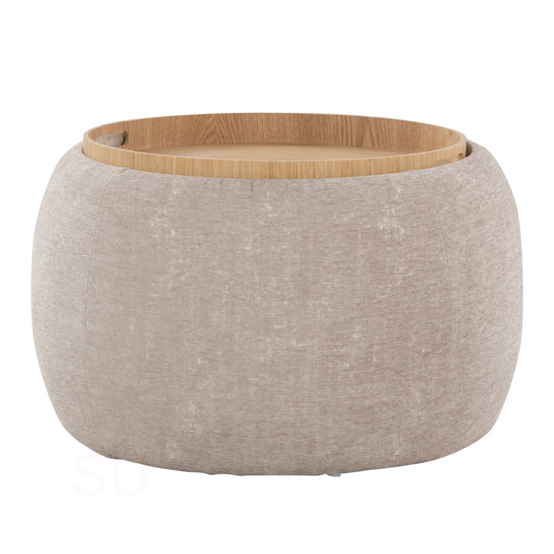 Repose-pieds Tray Pouf contemporain en bois naturel et tissu brun clair By