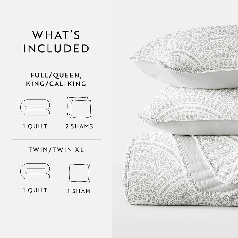 Quilt Coverlet Set All Season Patterned Reversible Microfiber Ultra Soft Bedding in Scalloped, Grey