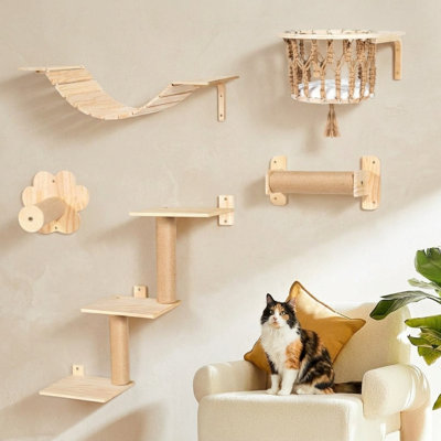 Cat Wall Shelves and Perches Wall Mounted Cat Furniture with Hammock Bridge Tree Steps Scratching Posts Set