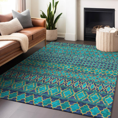 Tapis bleu sarcelle lavable à la machine Premium Prisco