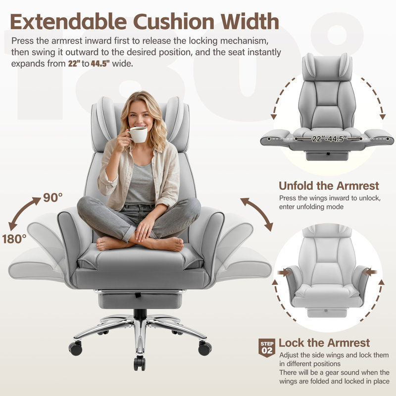 Big and Tall Cross Legged Office Executive Chair with Footrest and Convertible Infinite Gear Armsrest, Gray