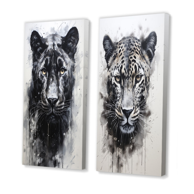 Portrait de panthère noir et blanc - ensemble de 2 reproductions d'art mural panthère, Toile tendue, H 28 po x l 25 po