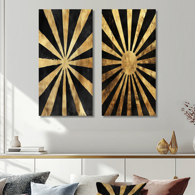 «Black & Gold Deco Sunburst», ensemble de 2 impressions murales modernes en métal