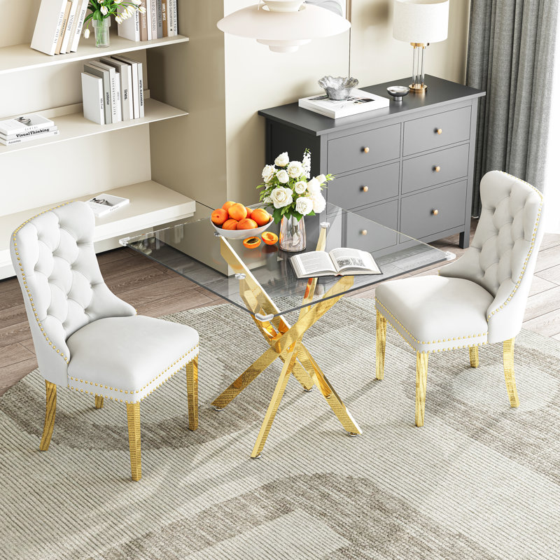  Modern Square Glass Dining Table Set for 2, 36" Tempered Glass Top with Velvet Tufted Nailhead Trim Chairs, Clear/White/Gold