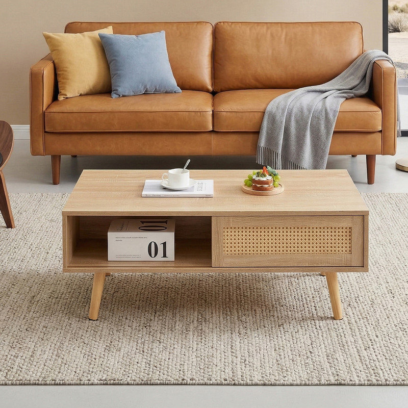 41.3" Rectangular Engineered Wood Coffee Table with Rattan Sliding Door, Oak, Oak