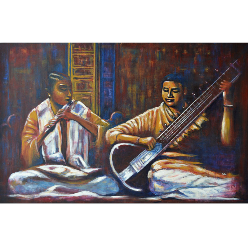 Musiciens jouant du Sitar et de la flûte | Acrylique sur toile | Par Usha Shantharam