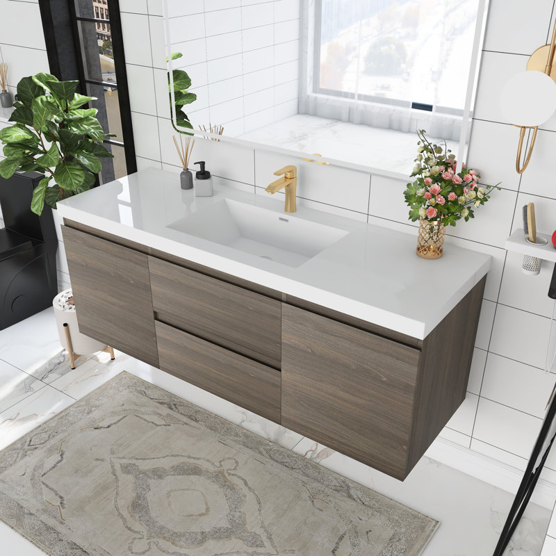 Leeara 60'' Single Bathroom Vanity with Resin Top, Ash Grey