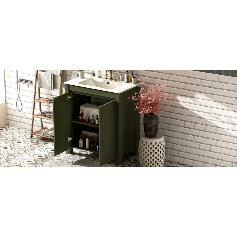 Meuble-lavabo de style rustique de 30 pouces avec lavabo en céramique, poignées de porte dissimulées, tablette réglable et charnières à fermeture en douceur 30 po avec finition olive et tablettes