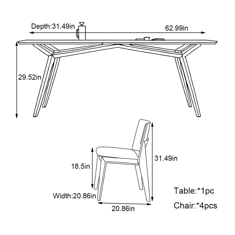 Ensemble de table de salle à manger rectangulaire simple en bois de frêne, H 29,52 po x L 62,99 po x l 31,49 po 