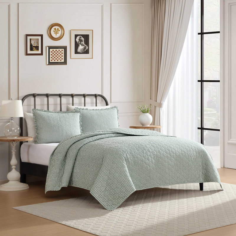 Ensemble de courtepointe réversible en coton Laura Ashley Gracies Gingham, Courtepointe grand lit + 2 taies d'oreiller standa