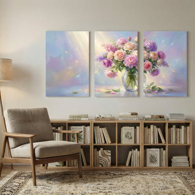 Plantes et fleurs, bouquet de fleurs dans un vase en verre avec rayons de lumière, ensemble de 3 impressions sur toile