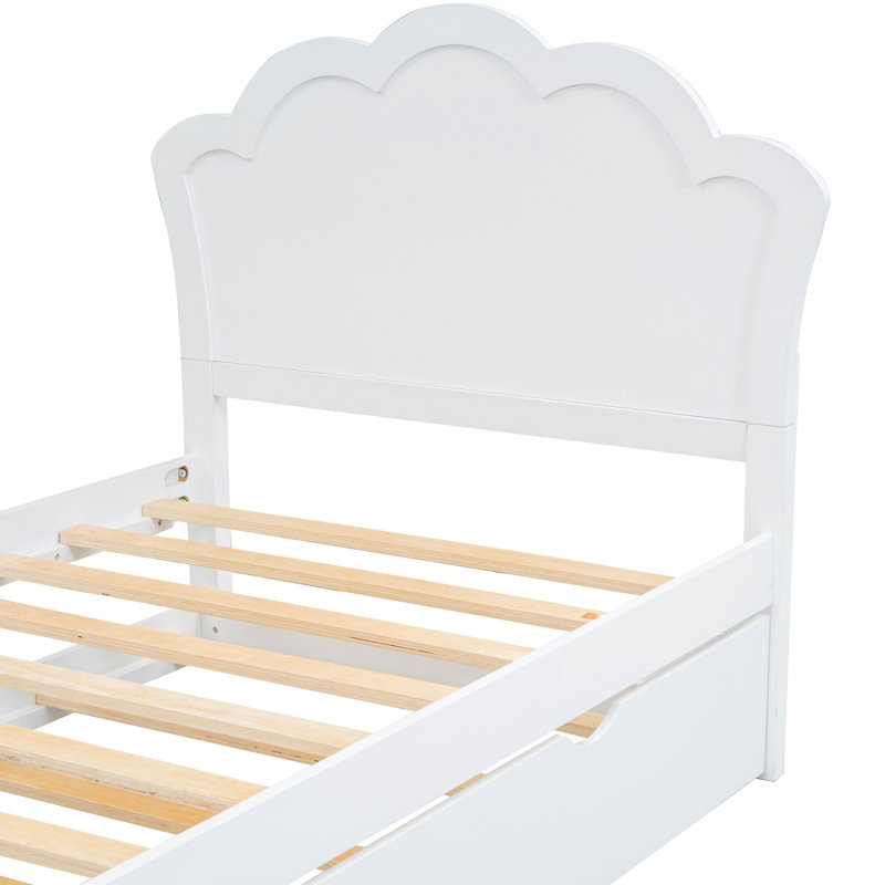 Lit simple en bois blanc avec tête de lit et lit gigogne, Lit simple
