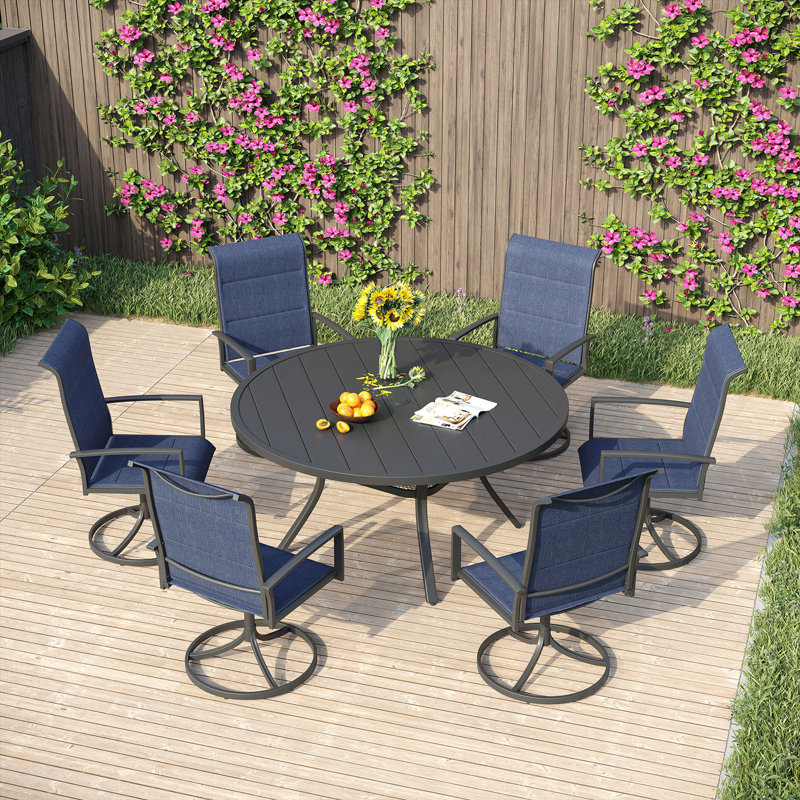 Outdoor Patio Dining Set with 6-person Round Dining Table and  Padded Swivel Chairs, Black/Navy