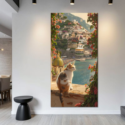 CXVU, art mural de la côte d'Amalfi, Italie, art mural, affiche de voyage, photos de la côte d'Amalfi, art de toile de chat sur le rebord de fenêtre, décor de ville méditerranéenne moderne pour la maison, chambre à coucher, salon, 16 x 32 pouces