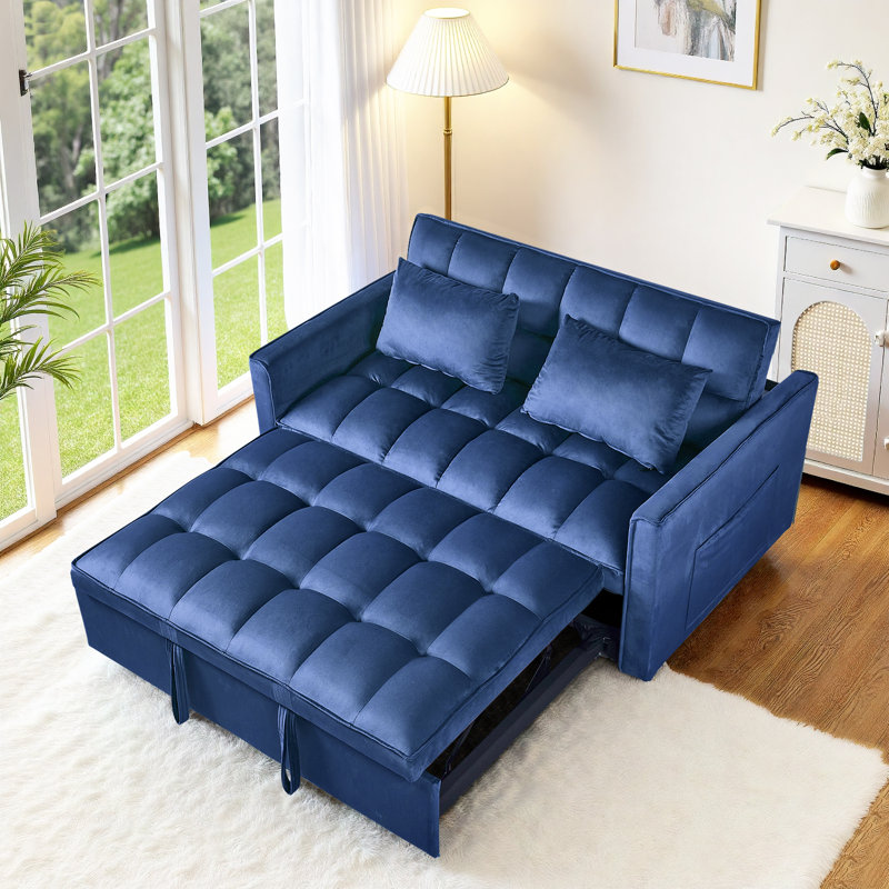 Hunsicker 3 in 1 Convertible Sleeper Sofa Bed, Velvet Futon Couches, Chaise Lounge for Living Room with Side Pocket