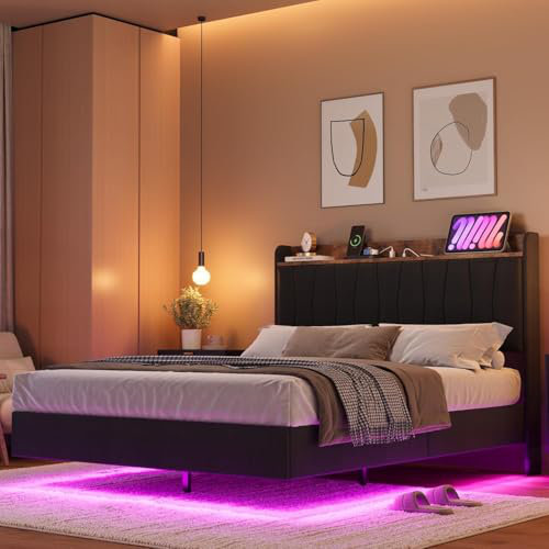 Base de lit flottante avec tête de lit avec rangement, lit plateforme tapissier avec éclairage ambiant à DEL et station de charge intégrée