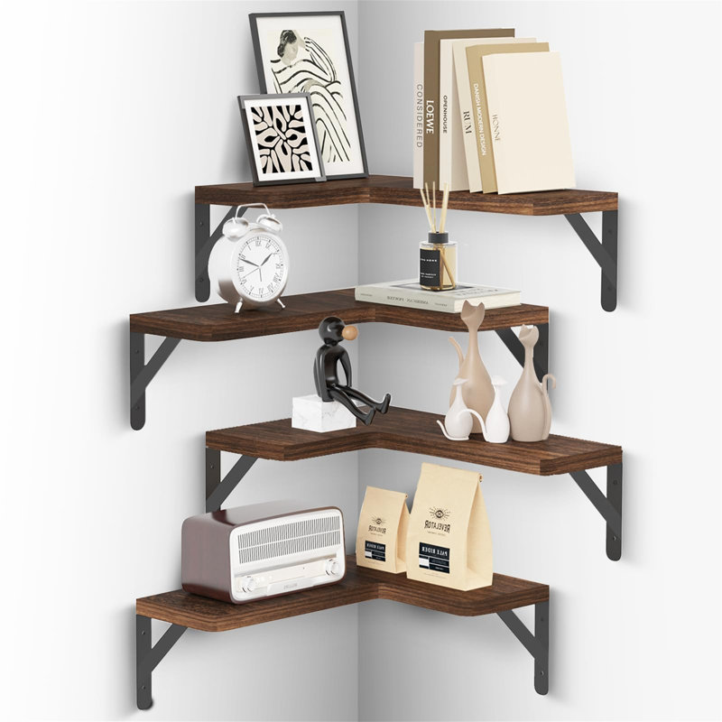 Brown L-Shaped Wooden Corner Floating Shelves Set of 4