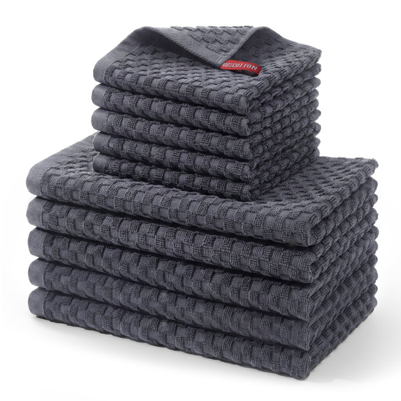10-Piece Gray Cotton Kitchen Towels Set, Waffle Weave Dish Cloths 2 Sizes, 100% Ring Spun Cotton, Gray
