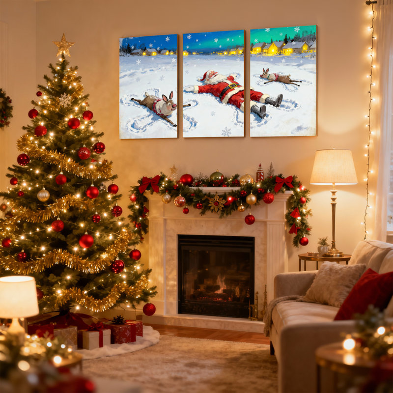 «Christmas Santa and Reindeer Snow Angel», ensemble de 3 impressions sur toile, H 18 po x l 36 po