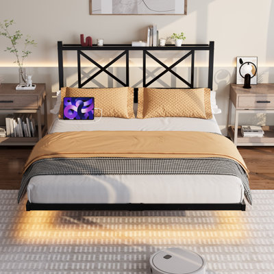 Full Size Floating Bed Frame with Headboard and Storage, Full Size Platform Bed Frame with USB Charging Station and LED Lights, Heavy Duty Steel Slats
